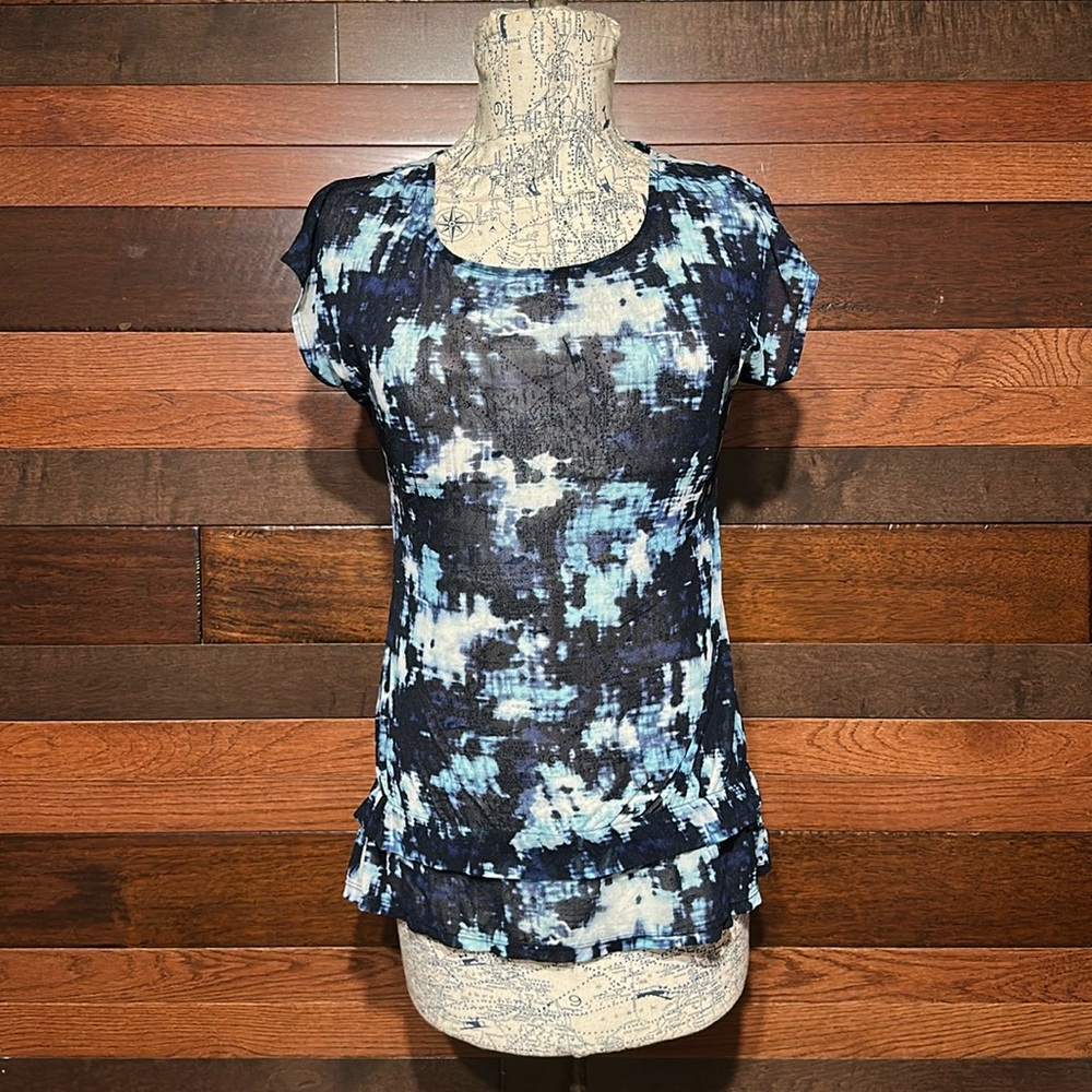 The Limited Black and Blue Abstract Sheer Blouse